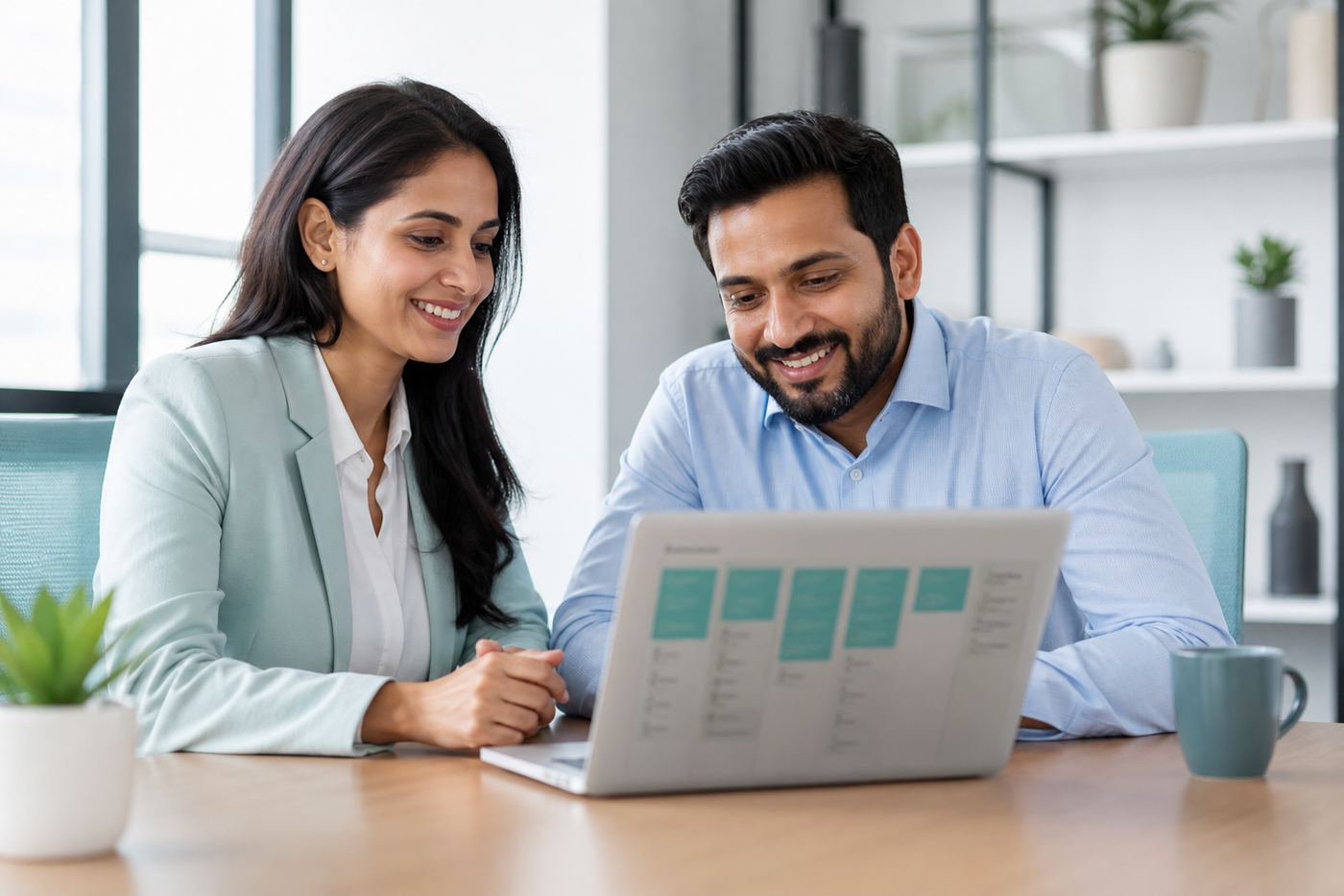 A sales pair reviewing follow-ups on a laptop